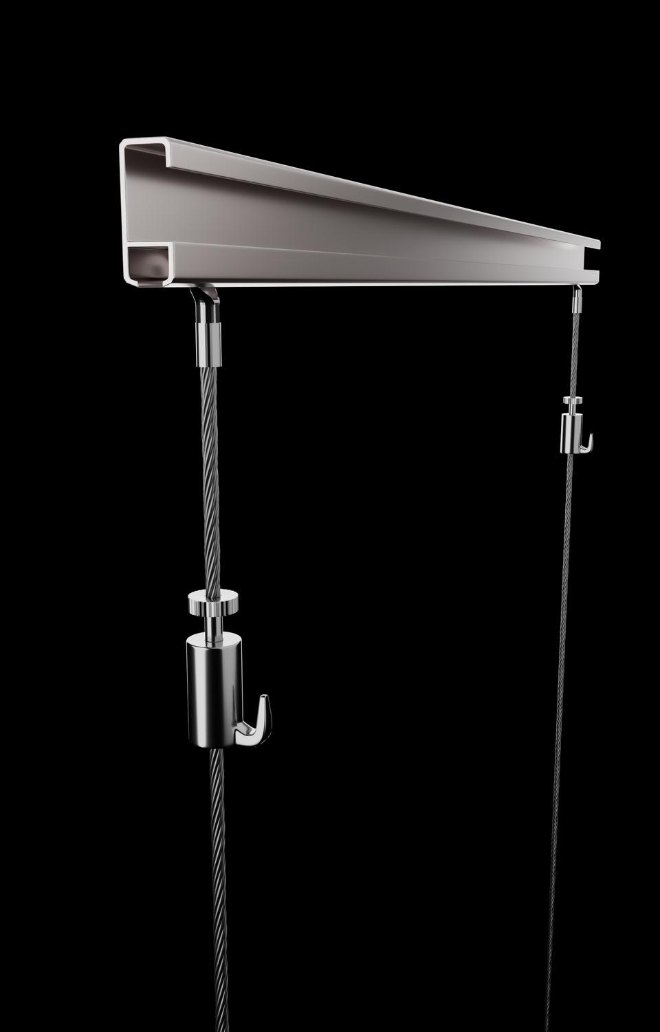 A Hangtrack rail in profile with two adjustable cables and hooks running from it