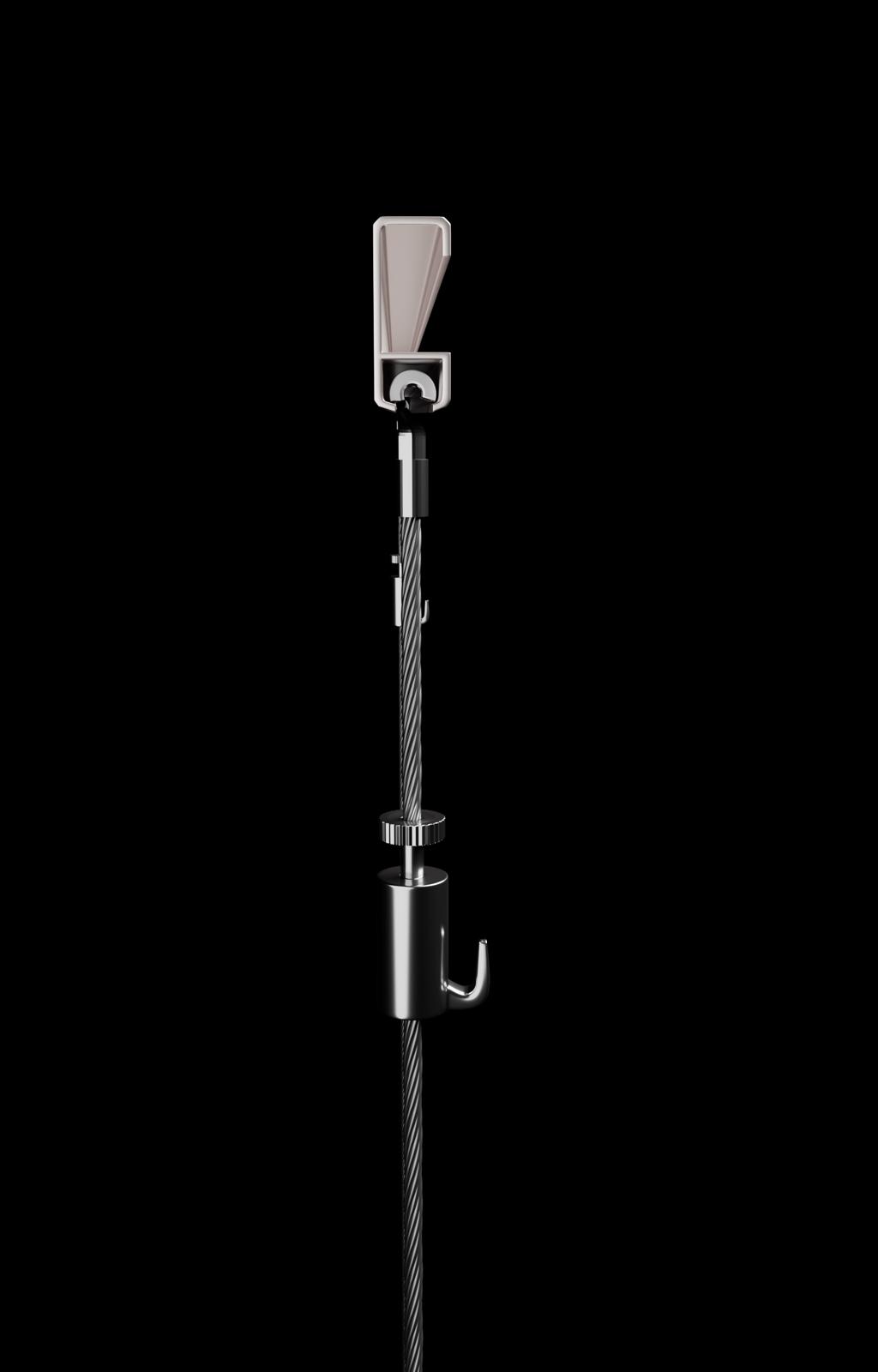 A cable gripper and hook shown in close detail against black